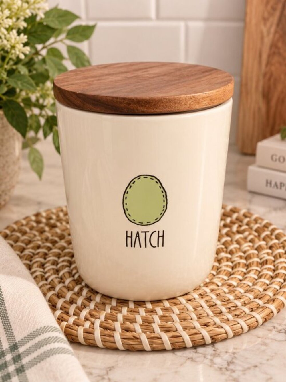 Rae Dunn HATCH Canister Cream Ceramic Wood Lid 5.5” Farmhouse Kitchen NWT
